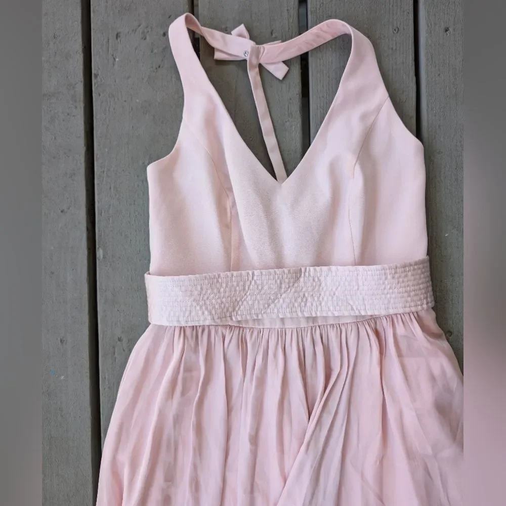 Vera Wang‎ White Blush Halter Satin Fit & Flare High Pocket Slit Maxi Gown 8